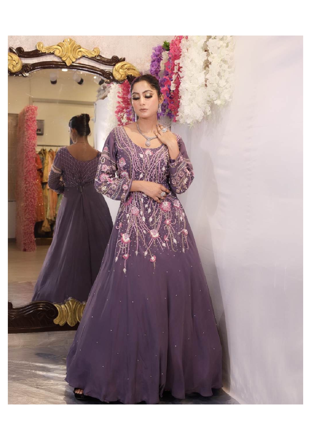 Purple Crepe Embroidered Gown