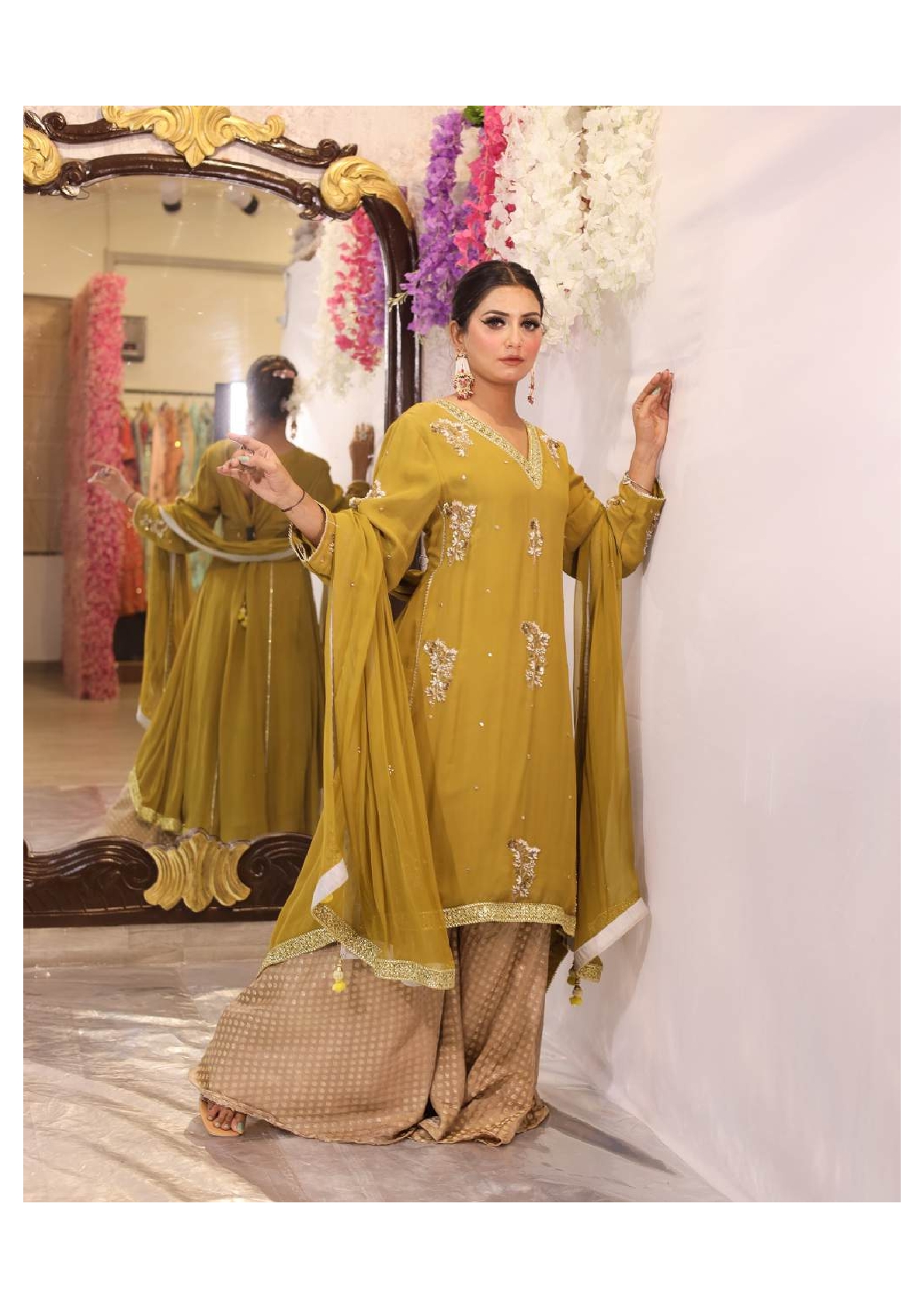 Mustard Yellow Brocade Sharara Set
