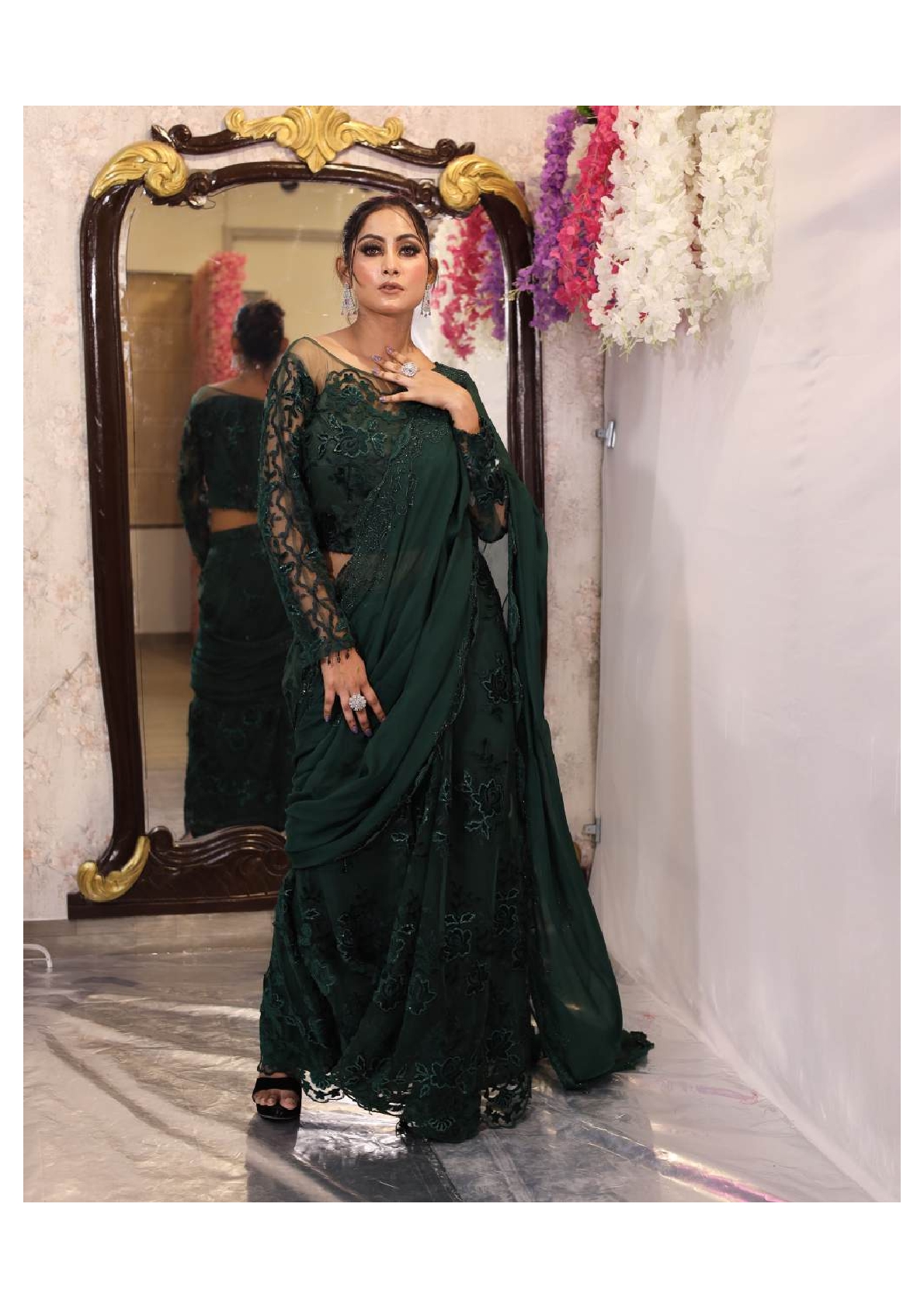 Bottle Green Drape Saree