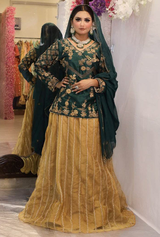 Bottle Green Short Kurti Skirt Set